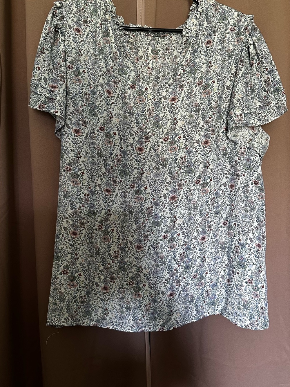 Rose & Olive Floral V-Neck Short Sleeve Blouse in Blue and Pink